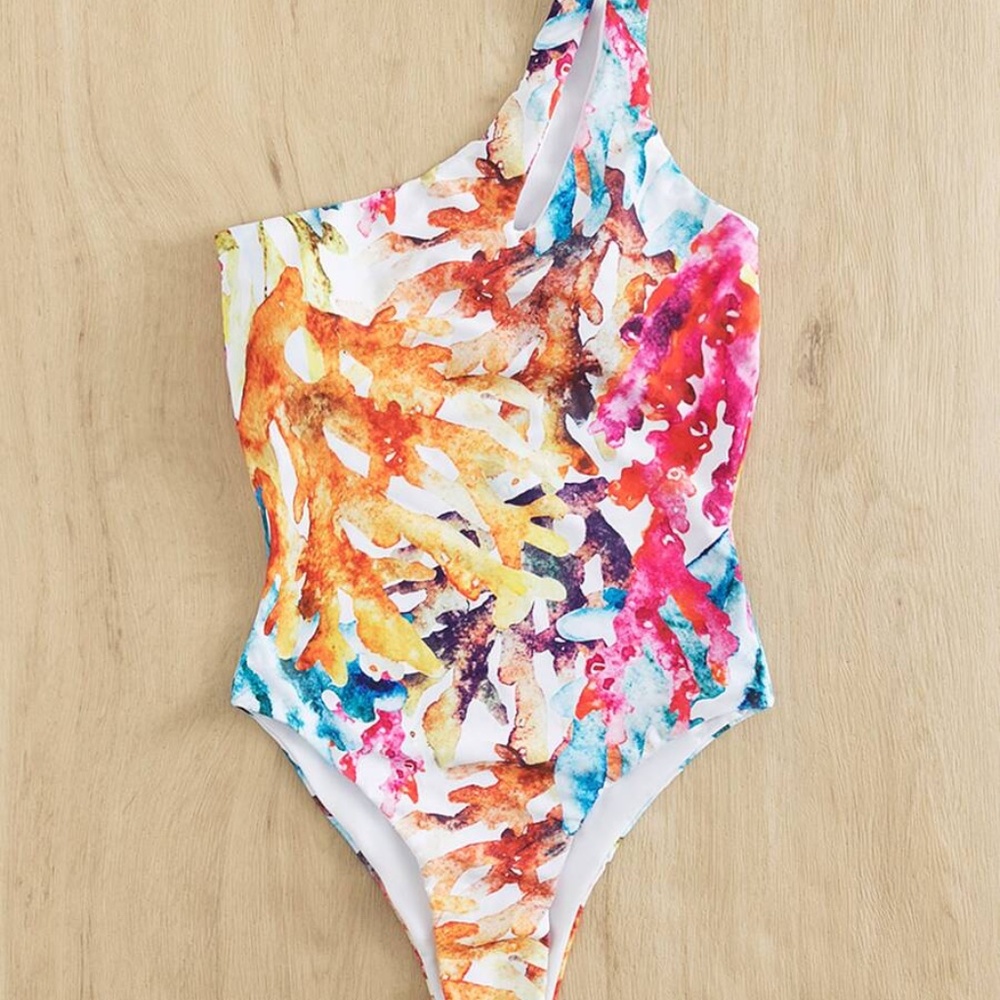 Boho Watercolor Floral Print One Shoulder Monokini One Piece Swimsuit - Picture 2 of 4